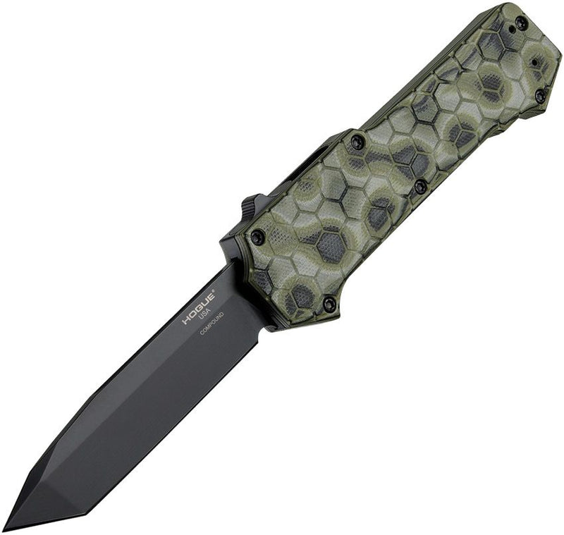 Hogue Compound OTF Folding Automatic Knife 3.5" Black PVD Coated CPM S30V Steel Tanto Blade Green G10 G-Mascus Handle 34028 -Hogue - Survivor Hand Precision Knives & Outdoor Gear Store