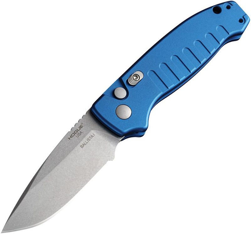 Hogue Ballista Button Lock Folding Automatic Knife 3.5" 154CM Steel Drop Point Blade Blue Anodized Aluminum Handle 64133 -Hogue - Survivor Hand Precision Knives & Outdoor Gear Store