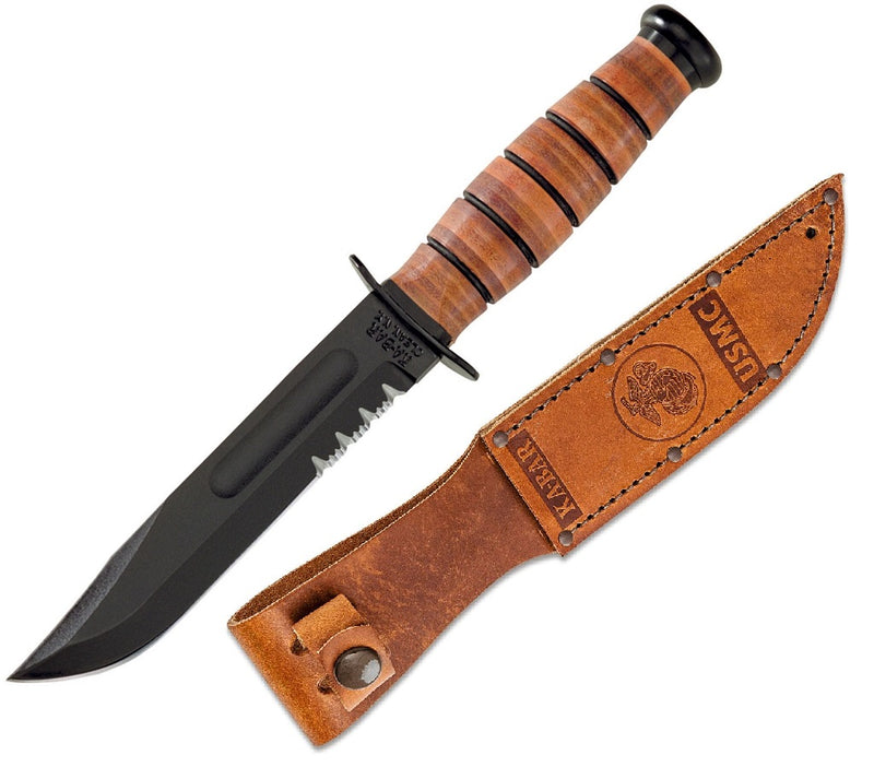 KABAR Short USMC Fixed Knife 5.25" 1095 Steel Blade Stacked Leather / Carbon Handle 1252 -Ka-Bar - Survivor Hand Precision Knives & Outdoor Gear Store