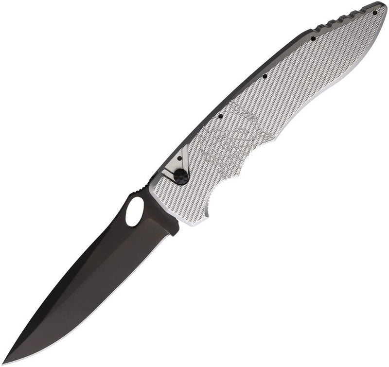 Piranha Knives Predator Button Lock Folding Automatic Knife 4" CPM S30V Steel Blade Silver Textured Aluminum Handle CP10ST -Piranha Knives - Survivor Hand Precision Knives & Outdoor Gear Store