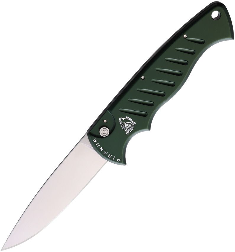 Piranha Knives Pocket Button Lock Folding Automatic Knife 3.25" 154CM Steel Blade Green Aluminum Handle P1G -Piranha Knives - Survivor Hand Precision Knives & Outdoor Gear Store