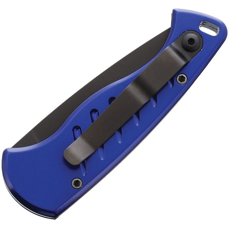 Piranha Knives Fingerling Button Lock Folding Automatic Knife 2.5" Black Oxide Coated 154CM Steel Blade Blue Aluminum Handle CP2BT -Piranha Knives - Survivor Hand Precision Knives & Outdoor Gear Store