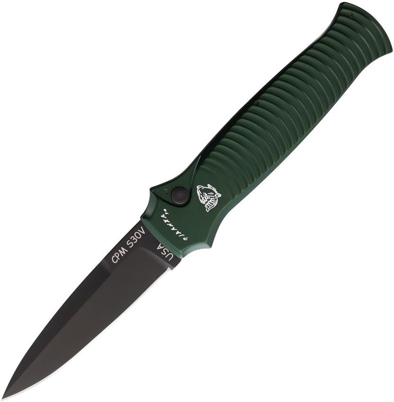 Piranha Knives Bodyguard Tactical Folding Automatic Knife 3.25" Black Oxide Coated CPM S30V Steel Blade Green Aluminum Handle CP6GT -Piranha Knives - Survivor Hand Precision Knives & Outdoor Gear Store