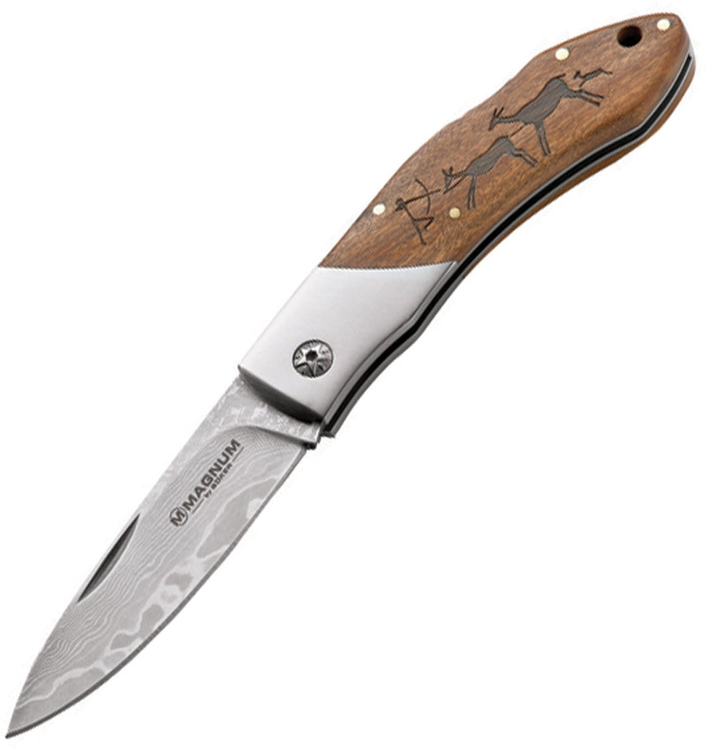 Boker Magnum Caveman Folding Knife 3.25" Damascus Steel Blade Brown Wood Handle -Boker - Survivor Hand Precision Knives & Outdoor Gear Store