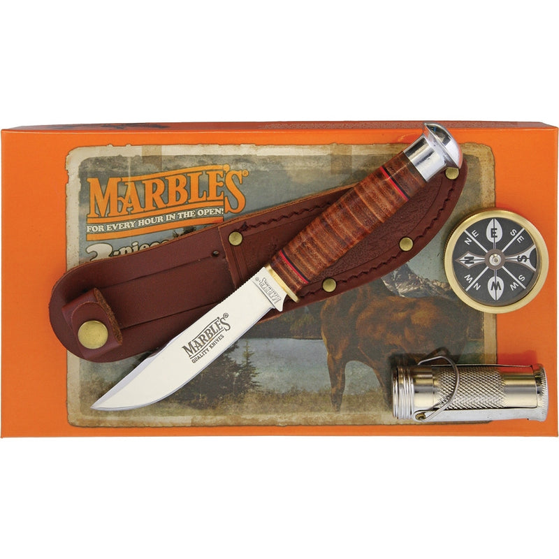 Marbles Gift Set Fixed Knife 4" Stainless Steel Blade Stacked Leather/Aluminum Handle MR303 -Marbles - Survivor Hand Precision Knives & Outdoor Gear Store