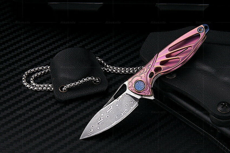 Rike Knife Hummingbird Folding 2.25" Damasteel DS93X Steel Blade Pink Titanium INIP -Rike Knife - Survivor Hand Precision Knives & Outdoor Gear Store