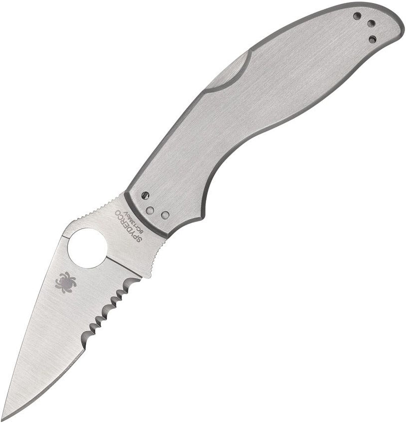 Spyderco Uptern Lockback Folding Knife 2.88" Part Serrated 8Cr13MoV Steel Blade Brushed Stainless Handle 261PS -Spyderco - Survivor Hand Precision Knives & Outdoor Gear Store