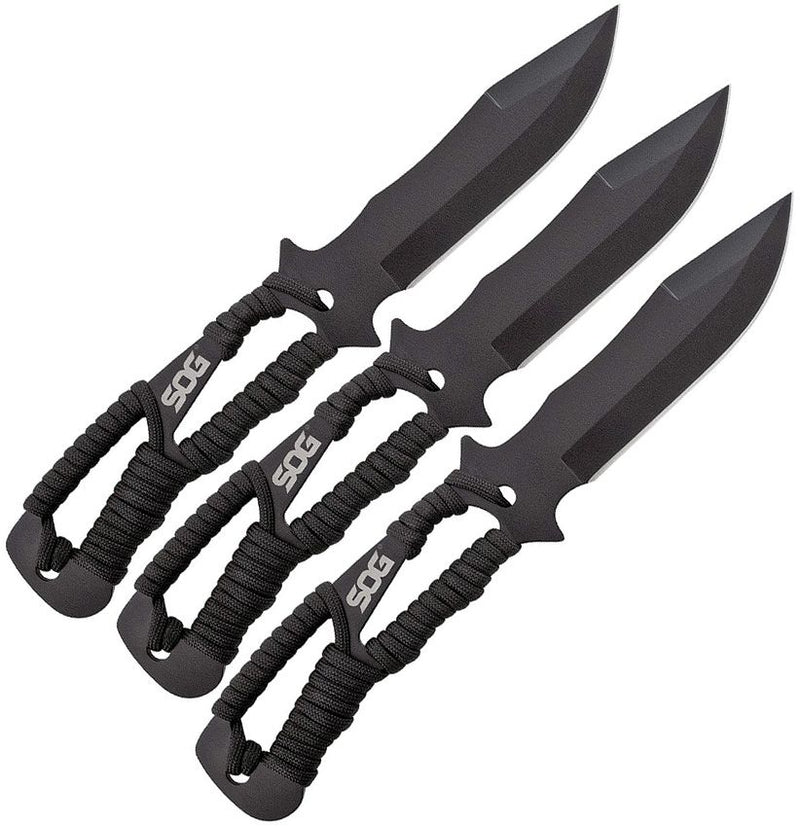 SOG Three Piece Throwing Knife Set 4.37" 420 Steel Blade Black Paracord Wrapped Skeletonized Handle GF041TNCP -SOG - Survivor Hand Precision Knives & Outdoor Gear Store