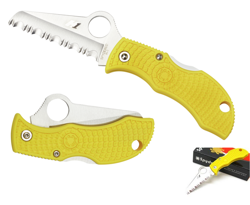 Spyderco Manbug Lockback Salt Folding Knife 1.88" H1 Steel Serrated Blade Yellow Textured FRN Handle MYLS -Spyderco - Survivor Hand Precision Knives & Outdoor Gear Store