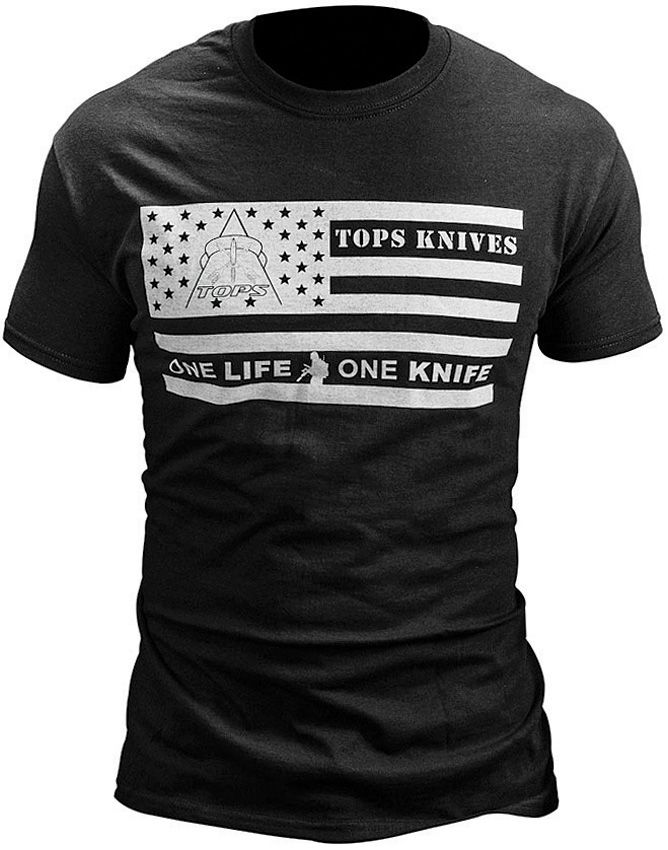 TOPS T-Shirt One Life One Knife American Flag Logo On Front Construction Cotton Large TSFLAGBLKLG -TOPS - Survivor Hand Precision Knives & Outdoor Gear Store