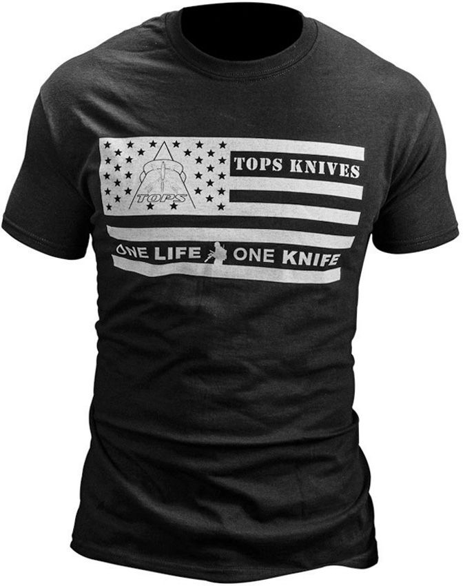 TOPS T-Shirt White One Life One Knife Flag Logo On Front Black Medium TSFLAGBLKM -TOPS - Survivor Hand Precision Knives & Outdoor Gear Store