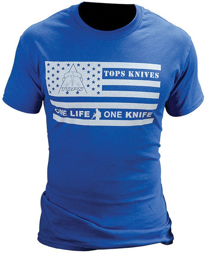 TOPS T-Shirt One Life One Knife American Flag Logo Blue Cotton Construction Size L TSFLAGBLULG -TOPS - Survivor Hand Precision Knives & Outdoor Gear Store
