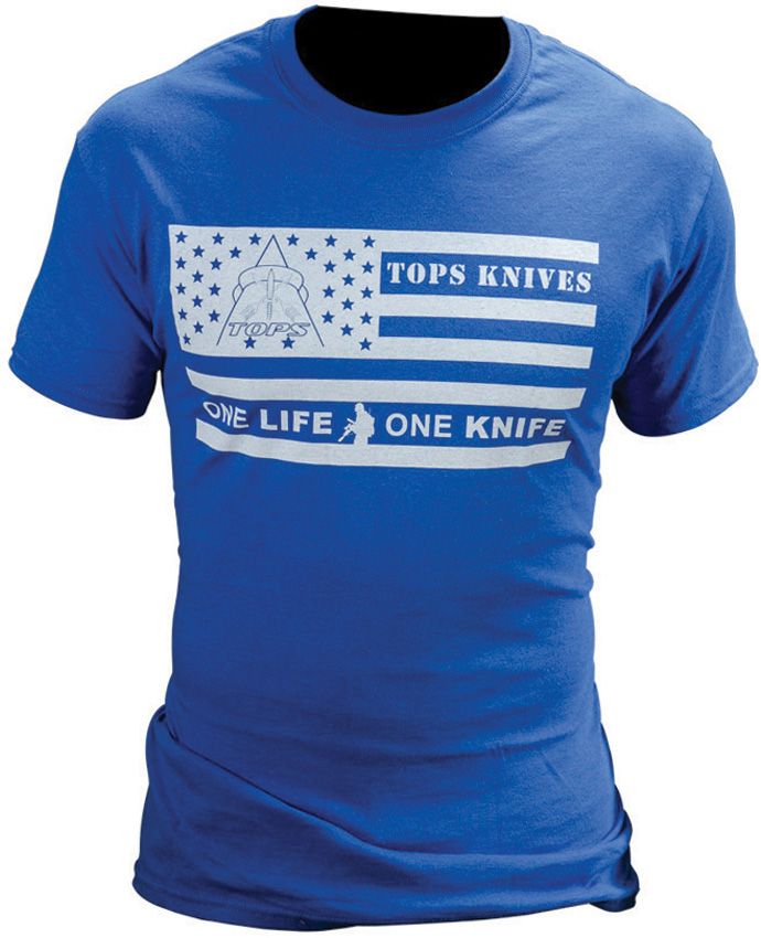 TOPS T-Shirt White One Life One Knife Flag Logo On Front Blue Size Medium TSFLAGBLUM -TOPS - Survivor Hand Precision Knives & Outdoor Gear Store
