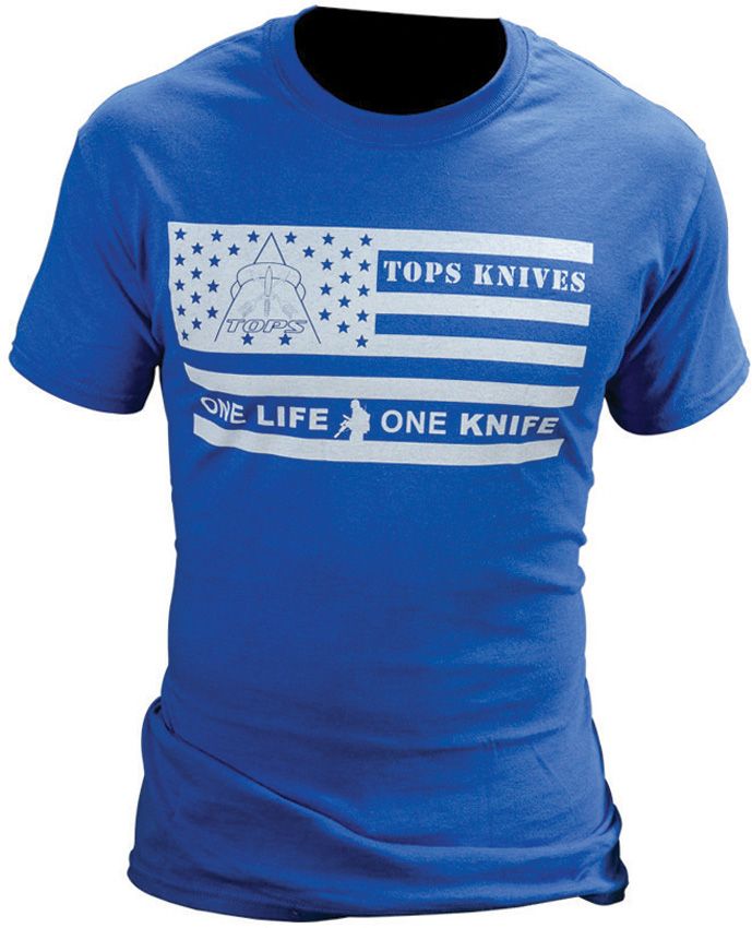 TOPS T-Shirt White One Life One Knife Flag Logo On Front Blue Size XX-Large TSFLAGBLUXXL -TOPS - Survivor Hand Precision Knives & Outdoor Gear Store