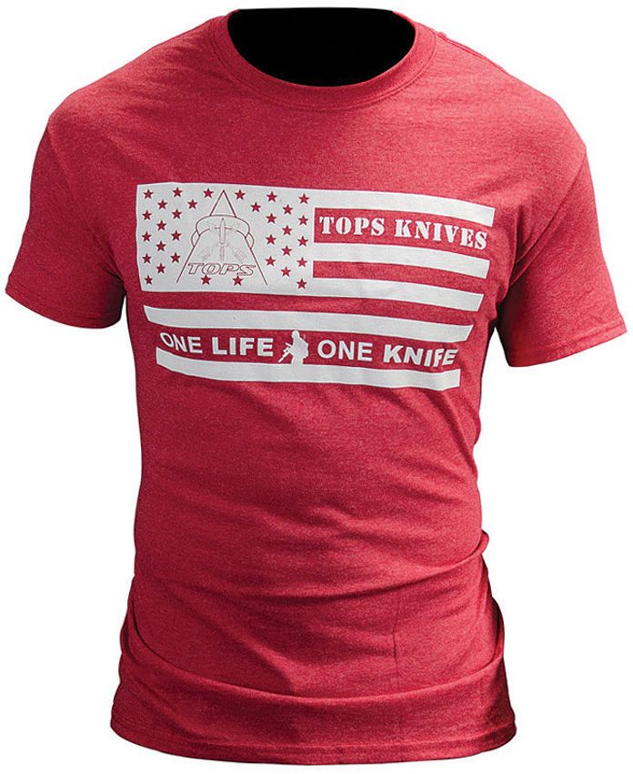 TOPS T-Shirt One Life One Knife American Flag Logo Cotton Construction Red Size L TSFLAGREDLG -TOPS - Survivor Hand Precision Knives & Outdoor Gear Store