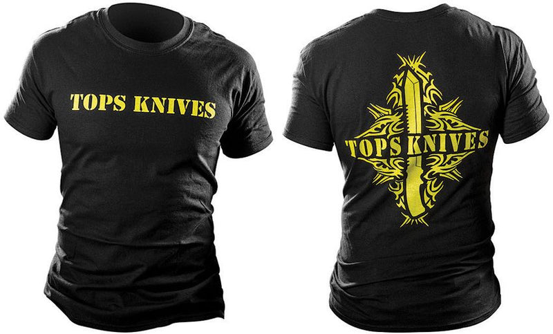 TOPS T-Shirt Tribal Art Yellow Logo On Front Flame Knife Artwork On Back Cotton TSYBTAXL -TOPS - Survivor Hand Precision Knives & Outdoor Gear Store