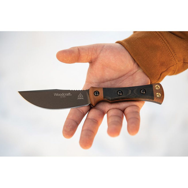 TOPS Woodcraft Fixed Knife 4.38" 1095 Steel Clip Point Blade Black And Tan Micarta Handle WC01 -TOPS - Survivor Hand Precision Knives & Outdoor Gear Store