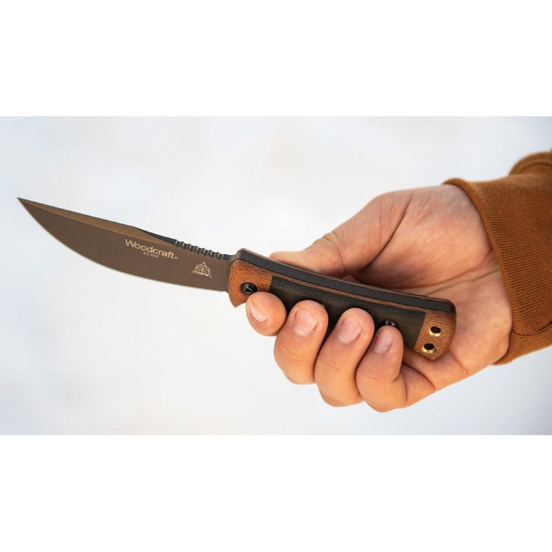 TOPS Woodcraft Fixed Knife 4.38" 1095 Steel Clip Point Blade Black And Tan Micarta Handle WC01 -TOPS - Survivor Hand Precision Knives & Outdoor Gear Store