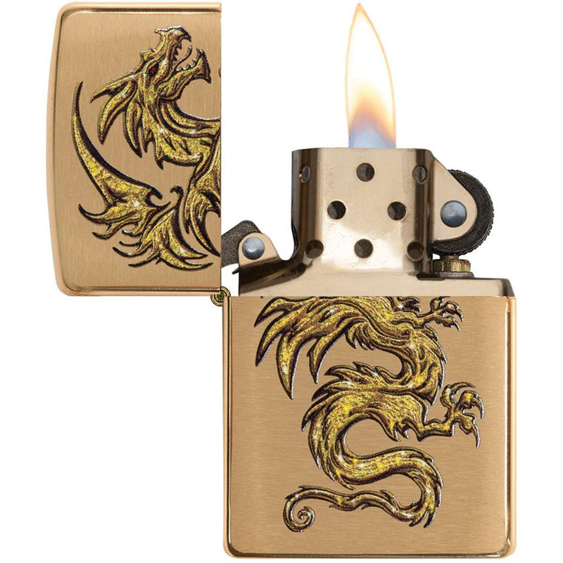 Zippo Dragon Lighter With Brushed Brass Construction And Dimensions: 0.5" x 2.25" 06234 -Zippo - Survivor Hand Precision Knives & Outdoor Gear Store