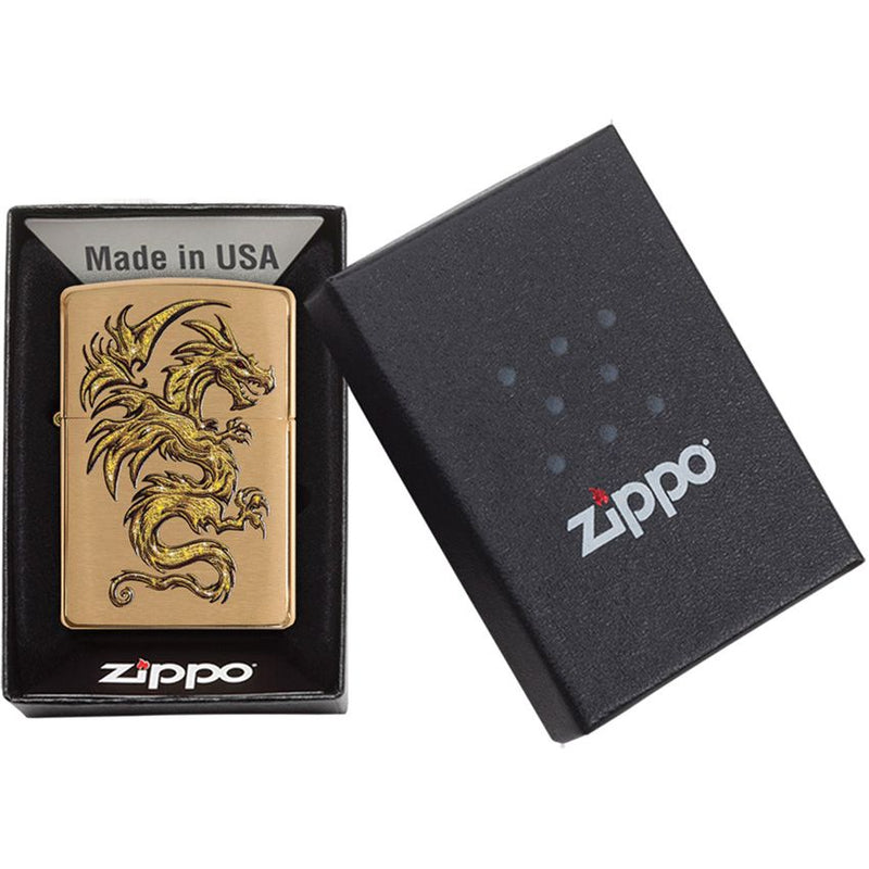 Zippo Dragon Lighter With Brushed Brass Construction And Dimensions: 0.5" x 2.25" 06234 -Zippo - Survivor Hand Precision Knives & Outdoor Gear Store