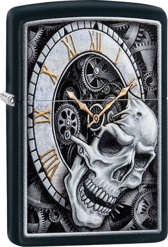 Zippo Skull Clock Design Lighter Black Matte And Dimensions: 0.5" x 2.25" 08846 -Zippo - Survivor Hand Precision Knives & Outdoor Gear Store