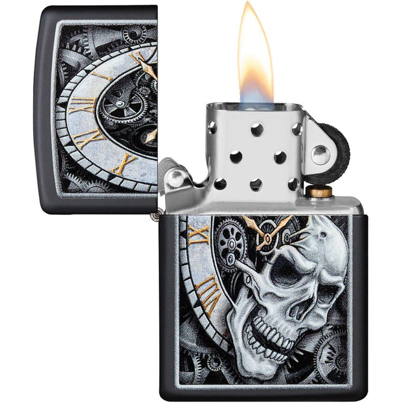 Zippo Skull Clock Design Lighter Black Matte And Dimensions: 0.5" x 2.25" 08846 -Zippo - Survivor Hand Precision Knives & Outdoor Gear Store