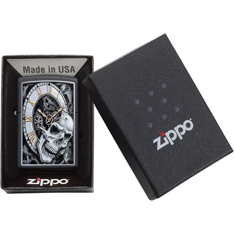 Zippo Skull Clock Design Lighter Black Matte And Dimensions: 0.5" x 2.25" 08846 -Zippo - Survivor Hand Precision Knives & Outdoor Gear Store