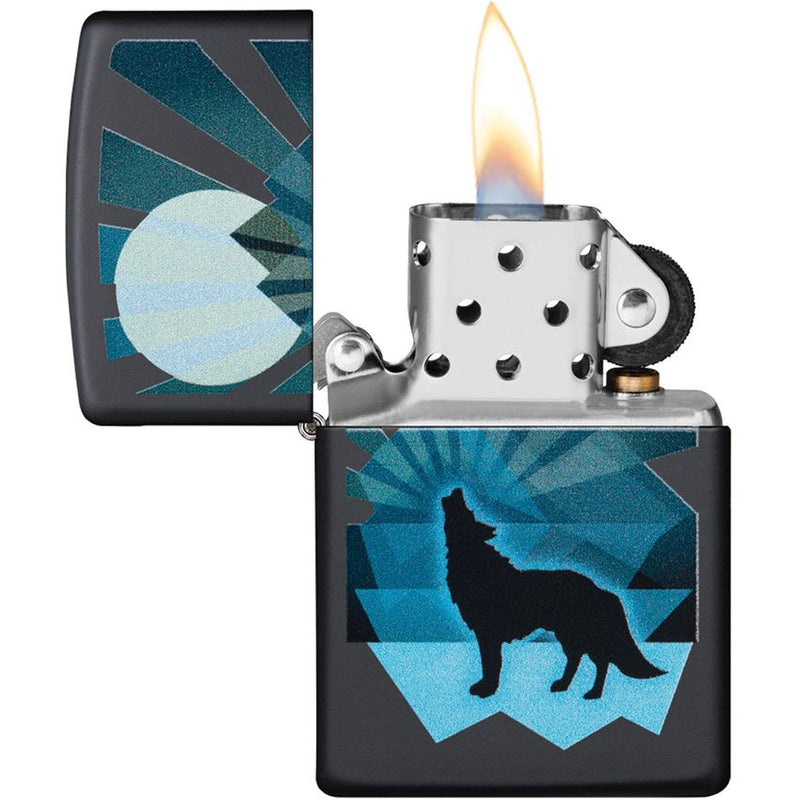 Zippo Wolf And Moon Lighter Black Matte And Dimensions: 0.5" x 2.25" 09072 -Zippo - Survivor Hand Precision Knives & Outdoor Gear Store