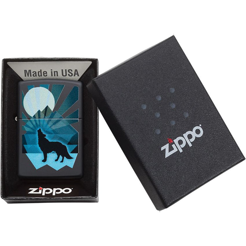 Zippo Wolf And Moon Lighter Black Matte And Dimensions: 0.5" x 2.25" 09072 -Zippo - Survivor Hand Precision Knives & Outdoor Gear Store