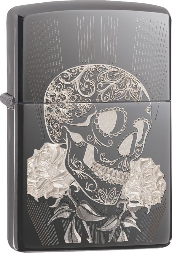 Zippo Fancy Skull Lighter Black Ice Color All metal construction And Dimensions: 0.5" x 2.25" 09137 -Zippo - Survivor Hand Precision Knives & Outdoor Gear Store