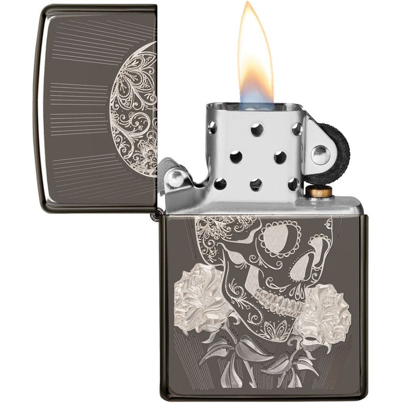 Zippo Fancy Skull Lighter Black Ice Color All metal construction And Dimensions: 0.5" x 2.25" 09137 -Zippo - Survivor Hand Precision Knives & Outdoor Gear Store