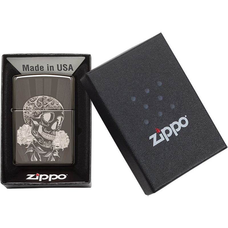 Zippo Fancy Skull Lighter Black Ice Color All metal construction And Dimensions: 0.5" x 2.25" 09137 -Zippo - Survivor Hand Precision Knives & Outdoor Gear Store