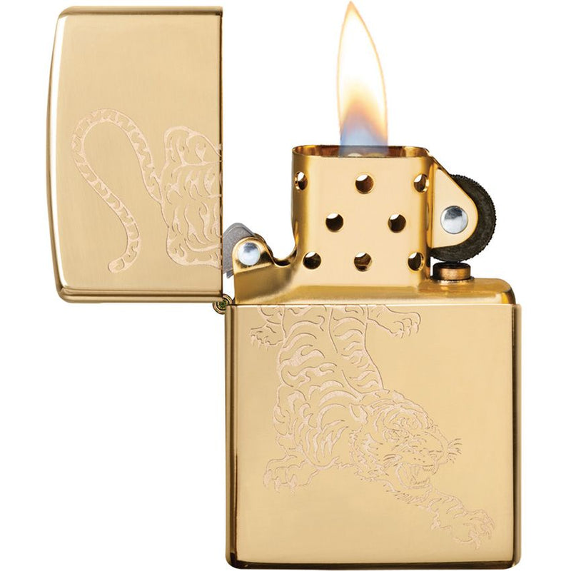 Zippo Tiger Design Lighter High Polish Brass Construction And Dimensions: 0.5" x 2.25" 09138 -Zippo - Survivor Hand Precision Knives & Outdoor Gear Store