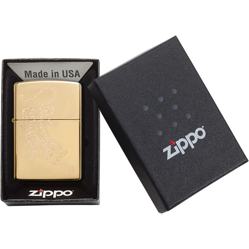 Zippo Tiger Design Lighter High Polish Brass Construction And Dimensions: 0.5" x 2.25" 09138 -Zippo - Survivor Hand Precision Knives & Outdoor Gear Store