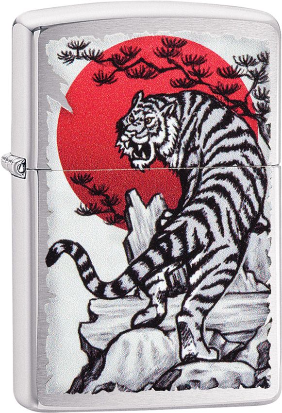 Zippo Asian Tiger Lighter Brushed Chrome And Dimensions: 0.5" x 2.25" 09166 -Zippo - Survivor Hand Precision Knives & Outdoor Gear Store