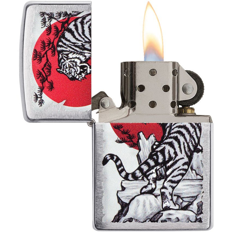 Zippo Asian Tiger Lighter Brushed Chrome And Dimensions: 0.5" x 2.25" 09166 -Zippo - Survivor Hand Precision Knives & Outdoor Gear Store