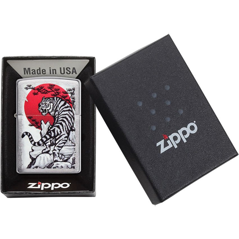 Zippo Asian Tiger Lighter Brushed Chrome And Dimensions: 0.5" x 2.25" 09166 -Zippo - Survivor Hand Precision Knives & Outdoor Gear Store