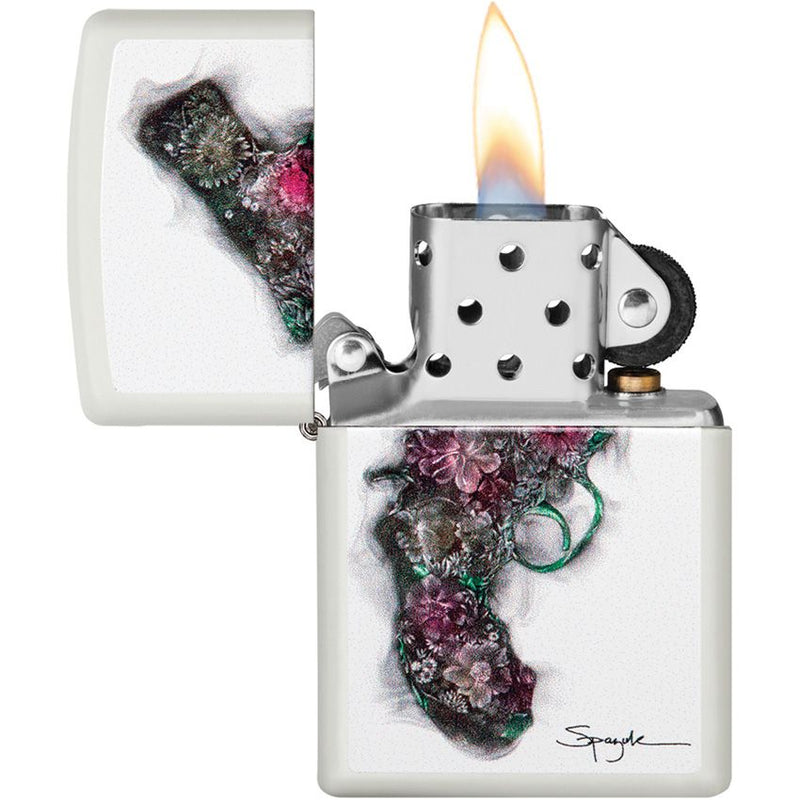 Zippo Spazuk Flower Pistol Design Lighter White Matte And Dimensions: 0.5" x 2.25" 09211 -Zippo - Survivor Hand Precision Knives & Outdoor Gear Store