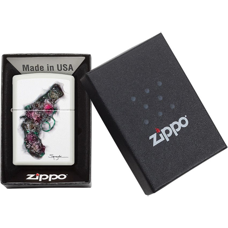 Zippo Spazuk Flower Pistol Design Lighter White Matte And Dimensions: 0.5" x 2.25" 09211 -Zippo - Survivor Hand Precision Knives & Outdoor Gear Store