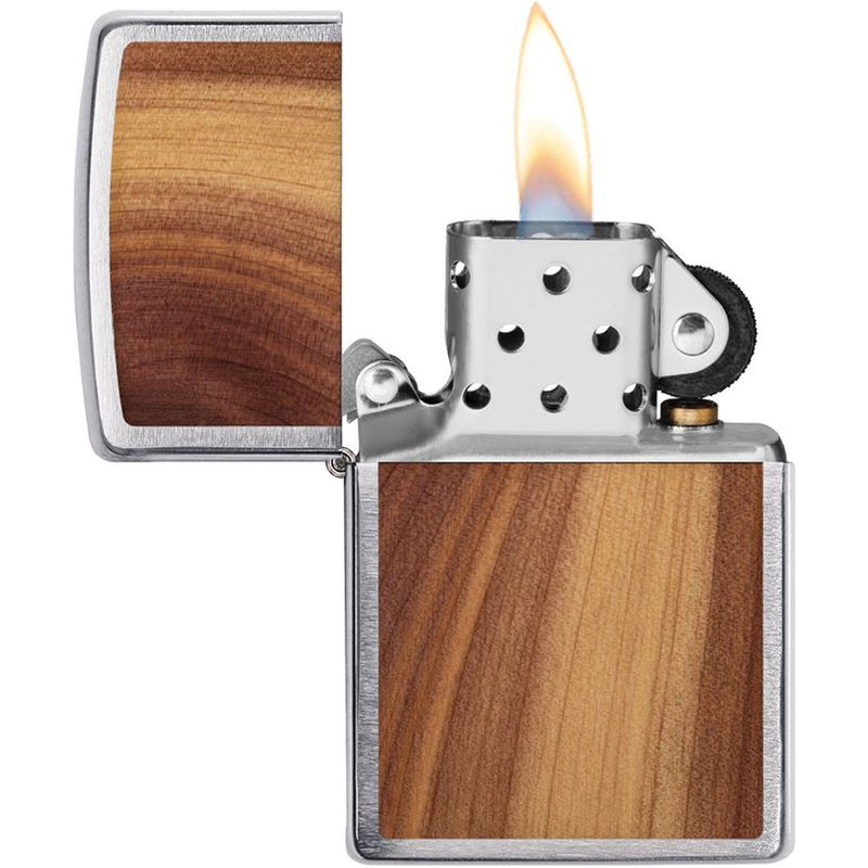 Zippo Woodchuck Lighter Cedar Wood Emblem Design Brushed Chrome And Dimensions: 0.5" x 2.25" 09635 -Zippo - Survivor Hand Precision Knives & Outdoor Gear Store