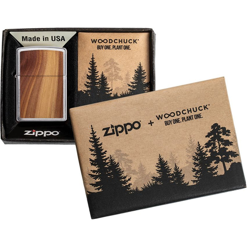 Zippo Woodchuck Lighter Cedar Wood Emblem Design Brushed Chrome And Dimensions: 0.5" x 2.25" 09635 -Zippo - Survivor Hand Precision Knives & Outdoor Gear Store