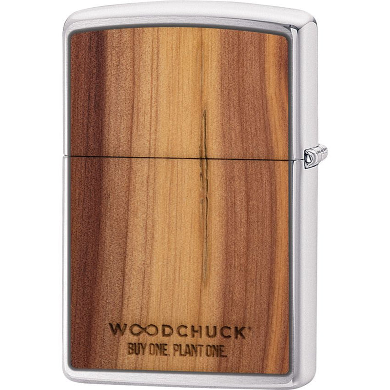 Zippo Woodchuck Lighter Cedar Wood Emblem Design Brushed Chrome And Dimensions: 0.5" x 2.25" 09635 -Zippo - Survivor Hand Precision Knives & Outdoor Gear Store