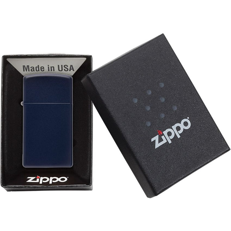 Zippo Lighter Slim Windproof All Metal Construction Navy Matte No Logo And Dimensions: 0.38" x 2.38" Made in USA11639 -Zippo - Survivor Hand Precision Knives & Outdoor Gear Store