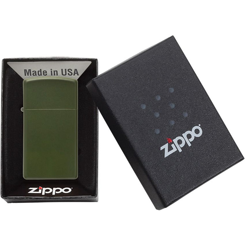 Zippo Lighter Slim Windproof All Metal Construction No Logo Matte Green Color And Dimensions 0.38" x 2.38" Made in USA 13340 -Zippo - Survivor Hand Precision Knives & Outdoor Gear Store