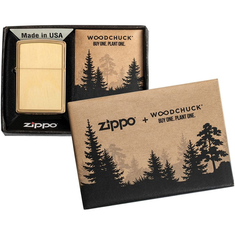 Zippo Lighter Woodchuck Birch All Metal Construction; Windproof design Brushed Brass And Dimensions 0.5" x 2.25" Made in USA 13700 -Zippo - Survivor Hand Precision Knives & Outdoor Gear Store