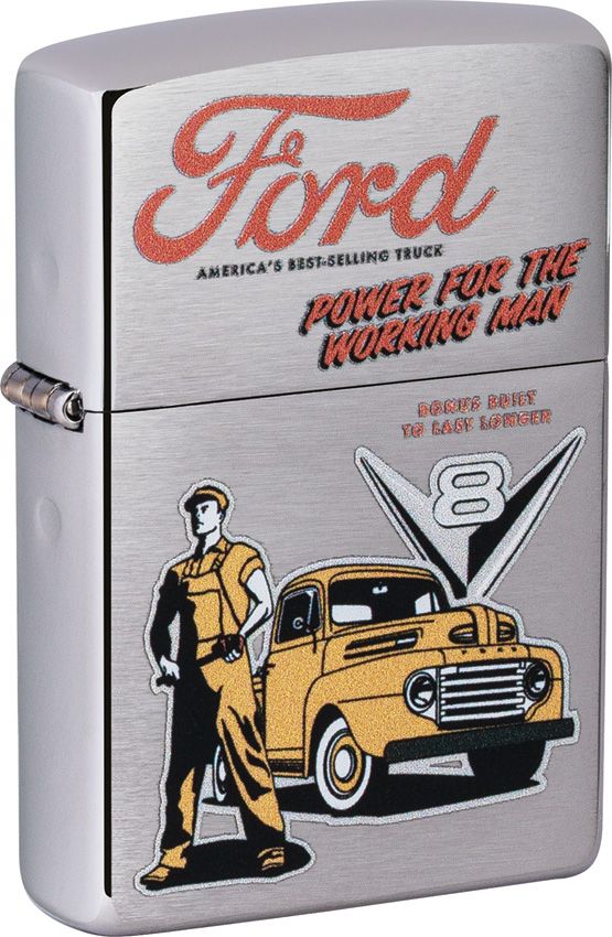 Zippo Lighter Ford Working Man Windproof All Metal Construction Brushed Chrome And Dimensions 0.5" x 2.25" Made in USA 17281 -Zippo - Survivor Hand Precision Knives & Outdoor Gear Store