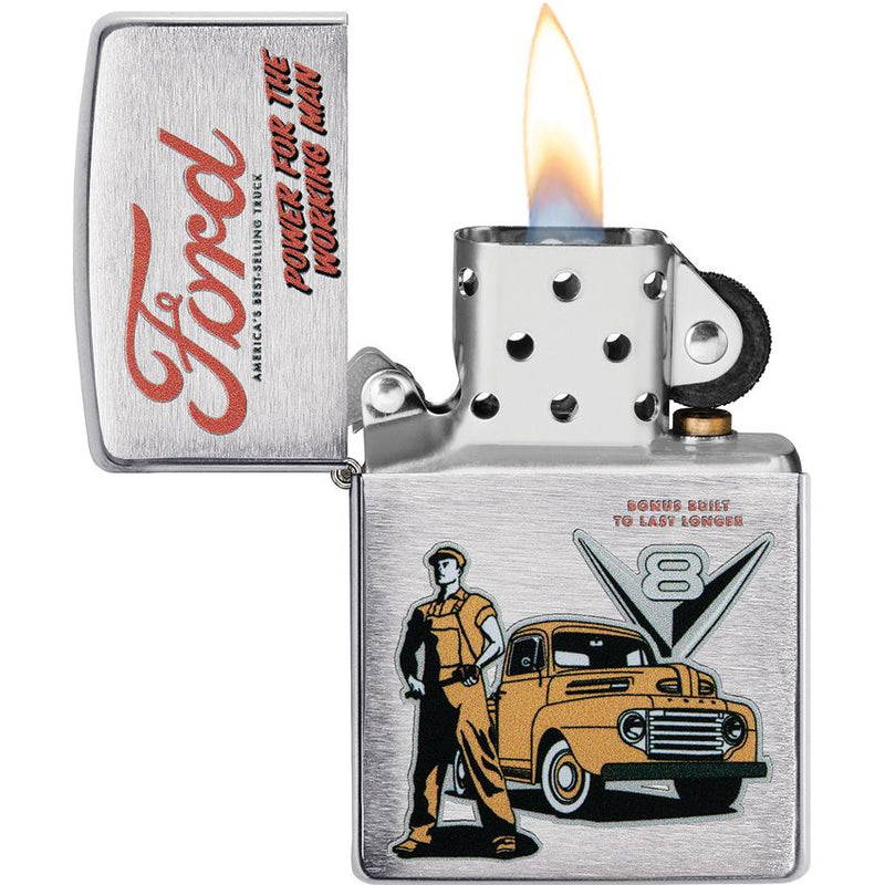 Zippo Lighter Ford Working Man Windproof All Metal Construction Brushed Chrome And Dimensions 0.5" x 2.25" Made in USA 17281 -Zippo - Survivor Hand Precision Knives & Outdoor Gear Store