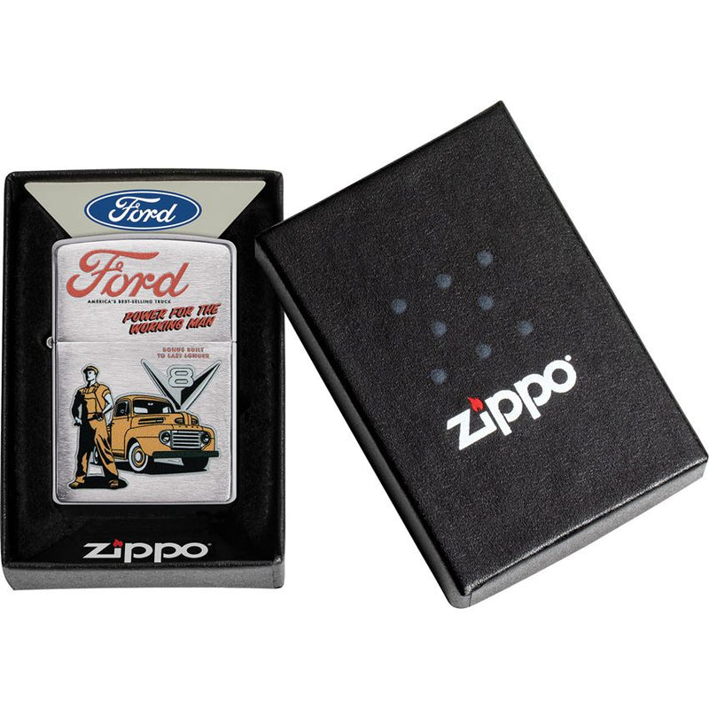 Zippo Lighter Ford Working Man Windproof All Metal Construction Brushed Chrome And Dimensions 0.5" x 2.25" Made in USA 17281 -Zippo - Survivor Hand Precision Knives & Outdoor Gear Store