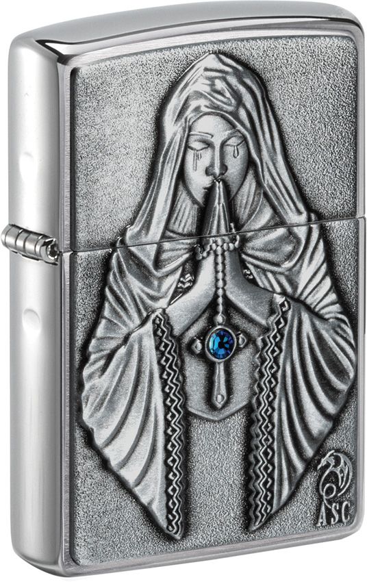 Zippo Praying Woman Emblem Brushed Chrome And Dimensions: 0.5" x 2.25" 71283 -Zippo - Survivor Hand Precision Knives & Outdoor Gear Store