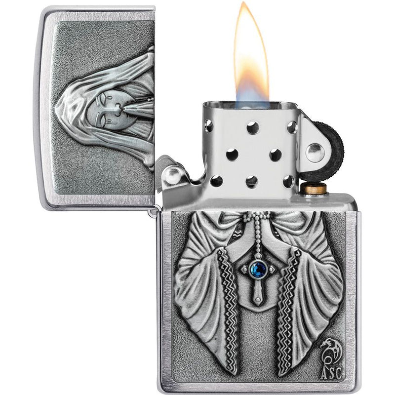 Zippo Praying Woman Emblem Brushed Chrome And Dimensions: 0.5" x 2.25" 71283 -Zippo - Survivor Hand Precision Knives & Outdoor Gear Store